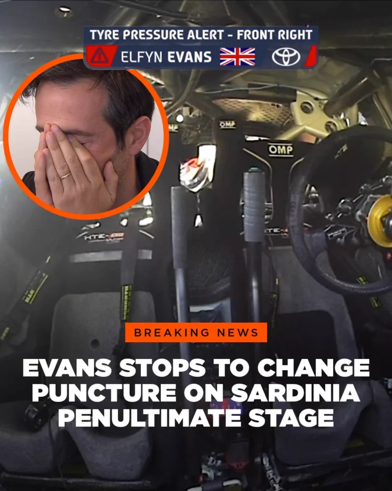 Elfyn Evans Hit by Puncture Before Power Stage WRC Title Clash 6 dirtfish on x elfyn evans has stopped to change a wheel on Elfyn Evans Hit by Puncture Before Power Stage WRC Title Clash